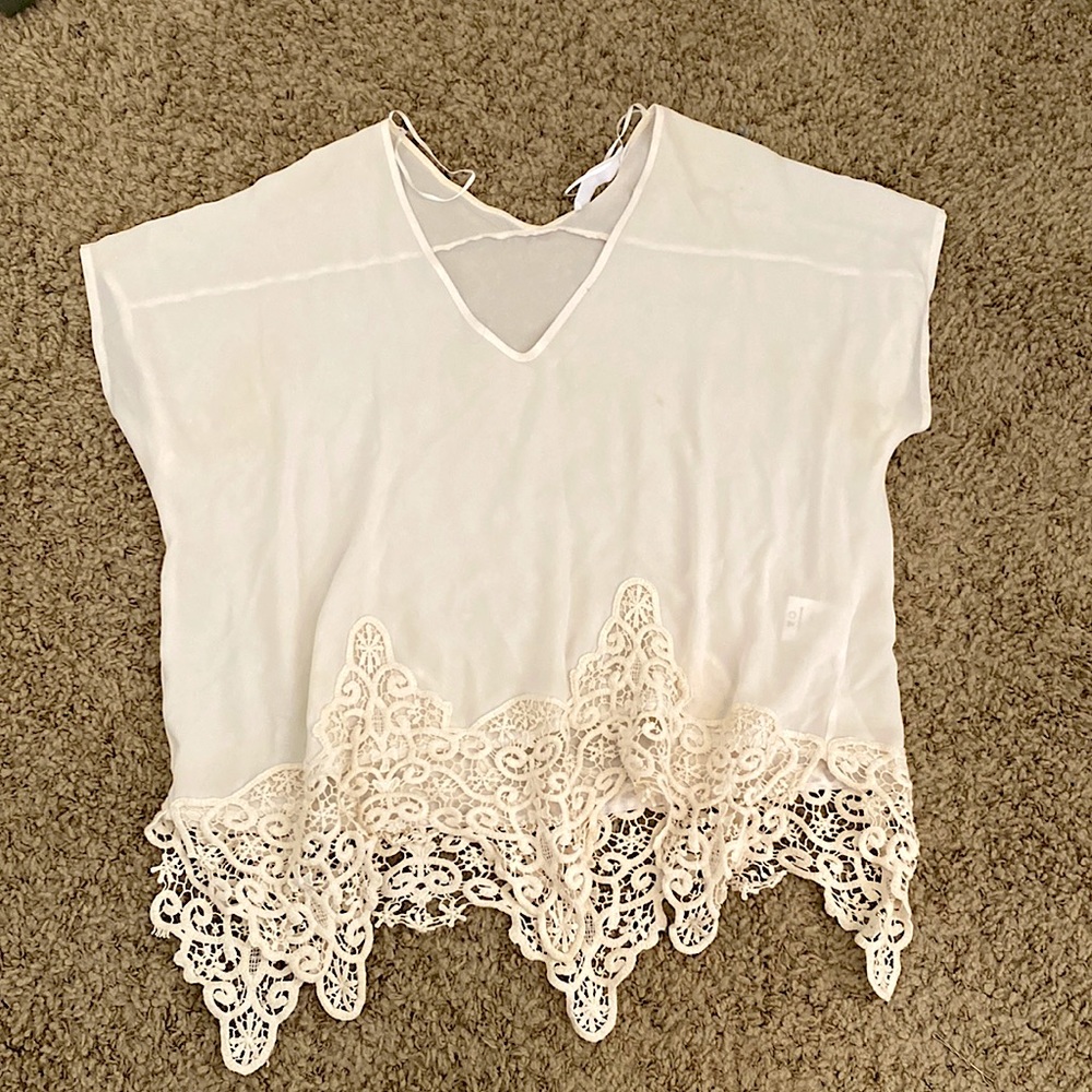 ASTR Short Sleeve Cream Blouse - Lace Shirt - Polyester Cream Lace Top